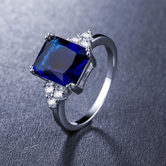 NEW Radiant Cut Blue Sapphire Silver Diamond Ring - Picture 3 of 4